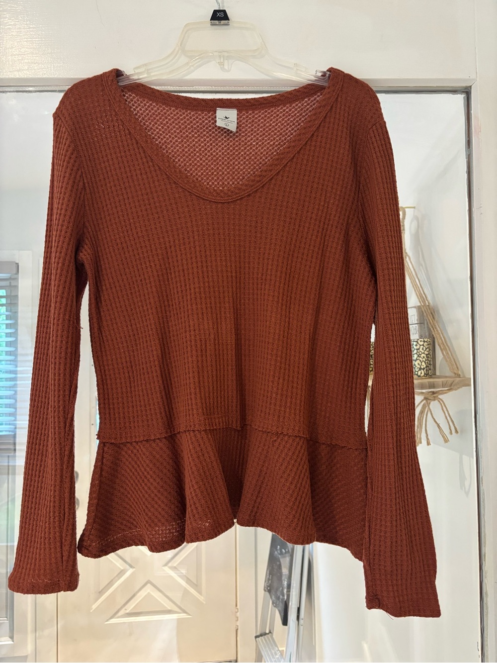 Paper Crane Rust Waffle Knit Peplum Long-Sleeve Top